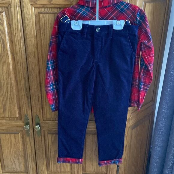 Max Studio Kids 3 piece set Boys Red Shirt Navy Corduroy Pants with suspenders - Picture 3 of 8